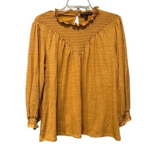 Cable & Gauge Smocked Neck Ruffle Sleeve Textured Blouse Mustard Yellow Size L